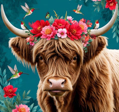 French Velvet Flroa, the regal highland cow crowned with blossoms - Home Luxe Interior