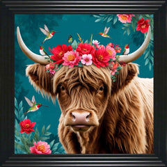 French Velvet Flroa, the regal highland cow crowned with blossoms - Home Luxe Interior