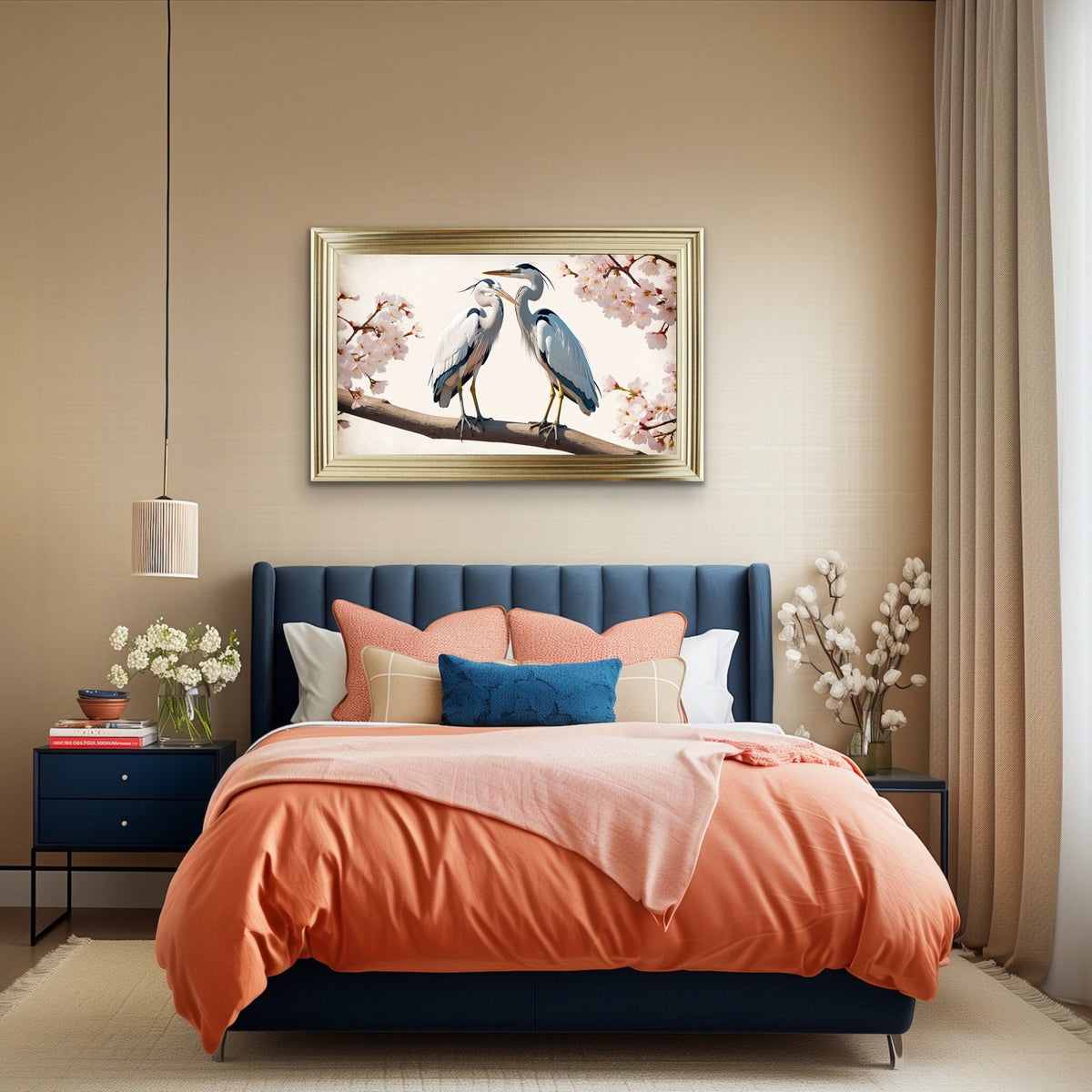 French Velvet Heron pair amid cherry blossoms. - Home Luxe Interior