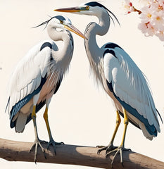 French Velvet Heron pair amid cherry blossoms. - Home Luxe Interior