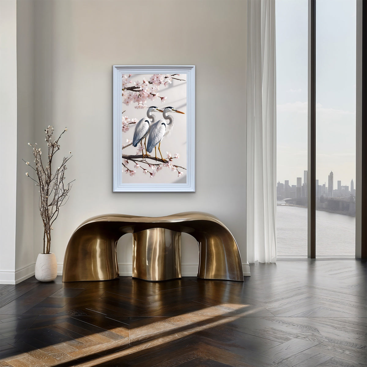 French Velvet Graceful herons amid cherry blossoms. - Home Luxe Interior