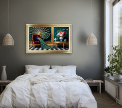 French Velvet Majestic peacock adorn opulent throne. - Home Luxe Interior