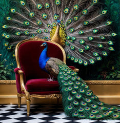 French Velvet Majestic peacock adorn opulent throne. - Home Luxe Interior