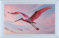 French Velvet Pink spoonbill soars through dusk - Home Luxe Interior