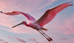 French Velvet Pink spoonbill soars through dusk - Home Luxe Interior