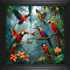 French Velvet Radiant jungle birds amidst foliage. - Home Luxe Interior