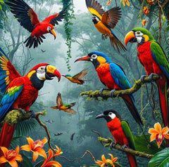 French Velvet Radiant jungle birds amidst foliage. - Home Luxe Interior