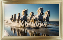 French Velvet Seven white horses galloping - Home Luxe Interior