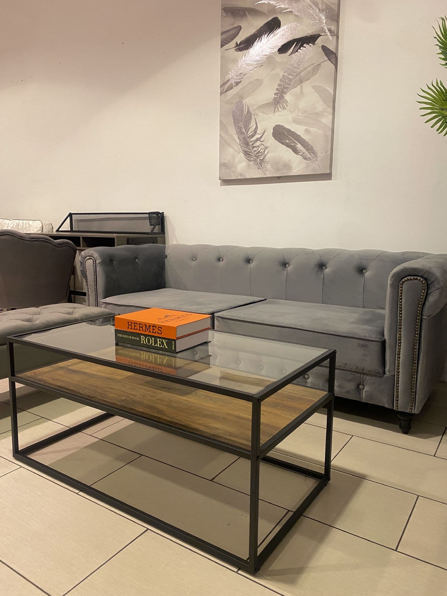 [EKM-AUTOGENERATED]Glass Top Wooden Walnut Shelf Coffee Table With Black Frame