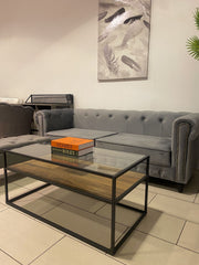 [EKM-AUTOGENERATED]Glass Top Wooden Walnut Shelf Coffee Table With Black Frame