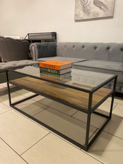 Glass Top Wooden Walnut Shelf Coffee Table With Black Frame