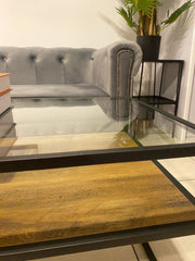 Glass Top Wooden Walnut Shelf Coffee Table With Black Frame
