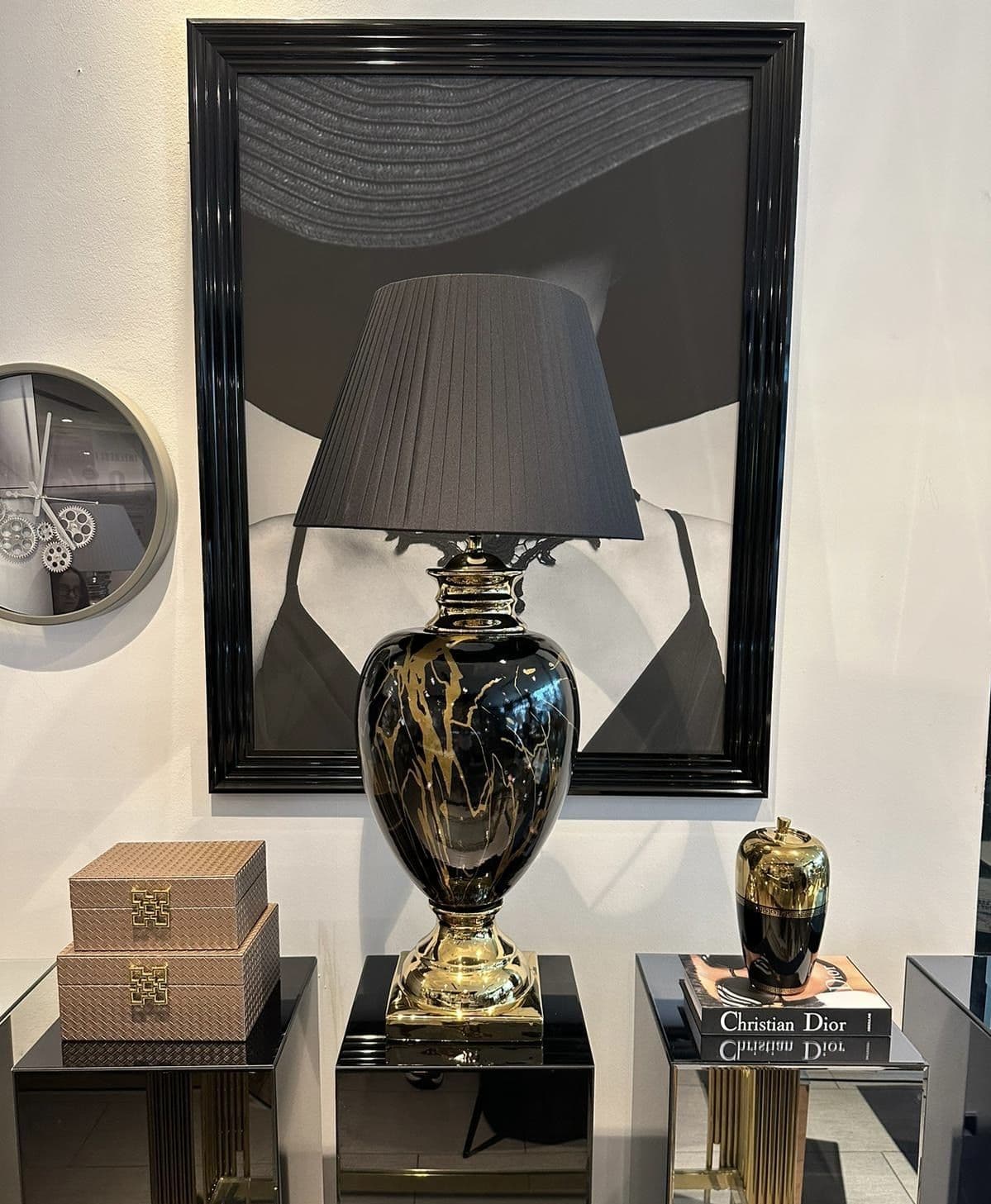 [EKM-AUTOGENERATED]Gold Marble Effect Table Lamp With Black Round Shade Extra Large