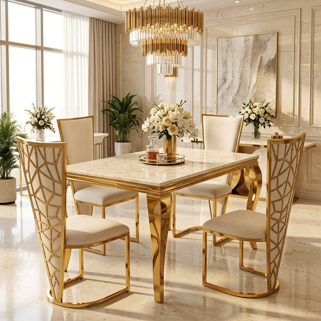 1.2m Marble Dining Table & 4 Vienna Cream Gold Velvet Chairs Set UK