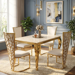 1.2m Marble Dining Table & 4 Vienna Cream Gold Velvet Chairs Set UK