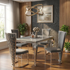 1.2m Marble Dining Table & 4 Vienna Grey Silver Velvet Chairs Set