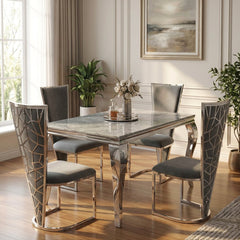 1.2m Marble Dining Table & 4 Vienna Grey Silver Velvet Chairs Set