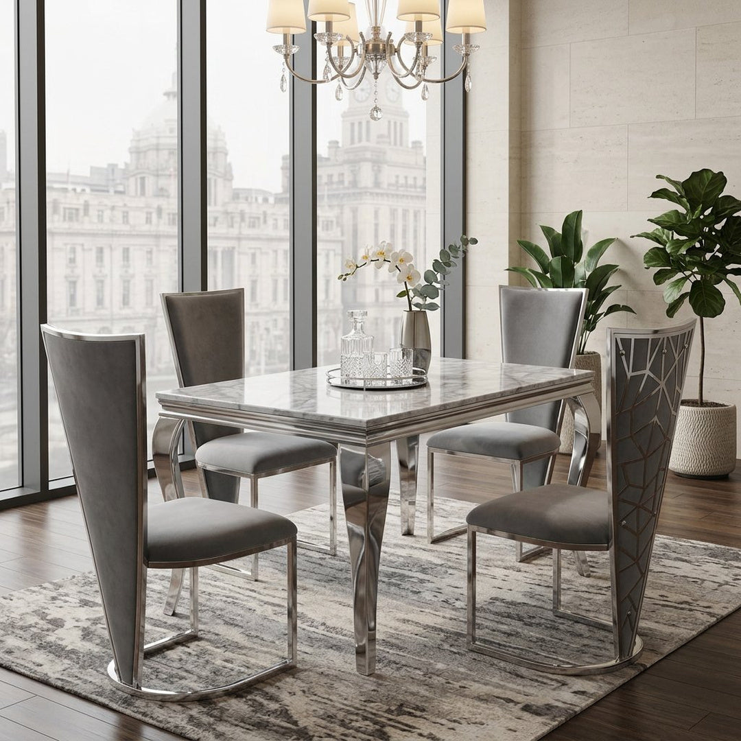 1.2m Marble Dining Table & 4 Vienna Grey Silver Velvet Chairs Set