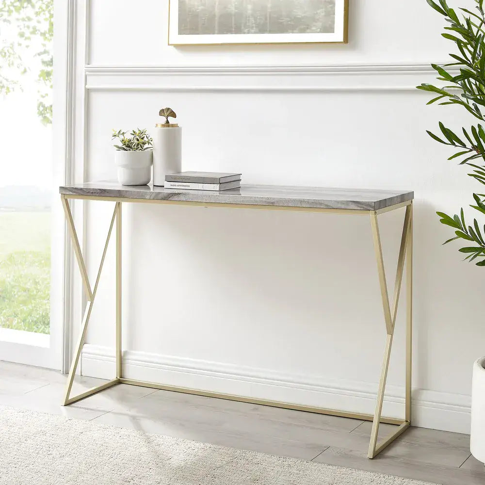 [EKM-AUTOGENERATED]Grey Faux Marble Console Table With Gold Geometric Frame