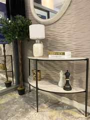 [EKM-AUTOGENERATED]Grey Half Moon Marble Effect Console Table With Black Frame