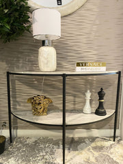 Grey Half Moon Marble Effect Console Table With Black Frame