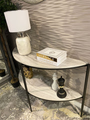 Grey Half Moon Marble Effect Console Table With Black Frame