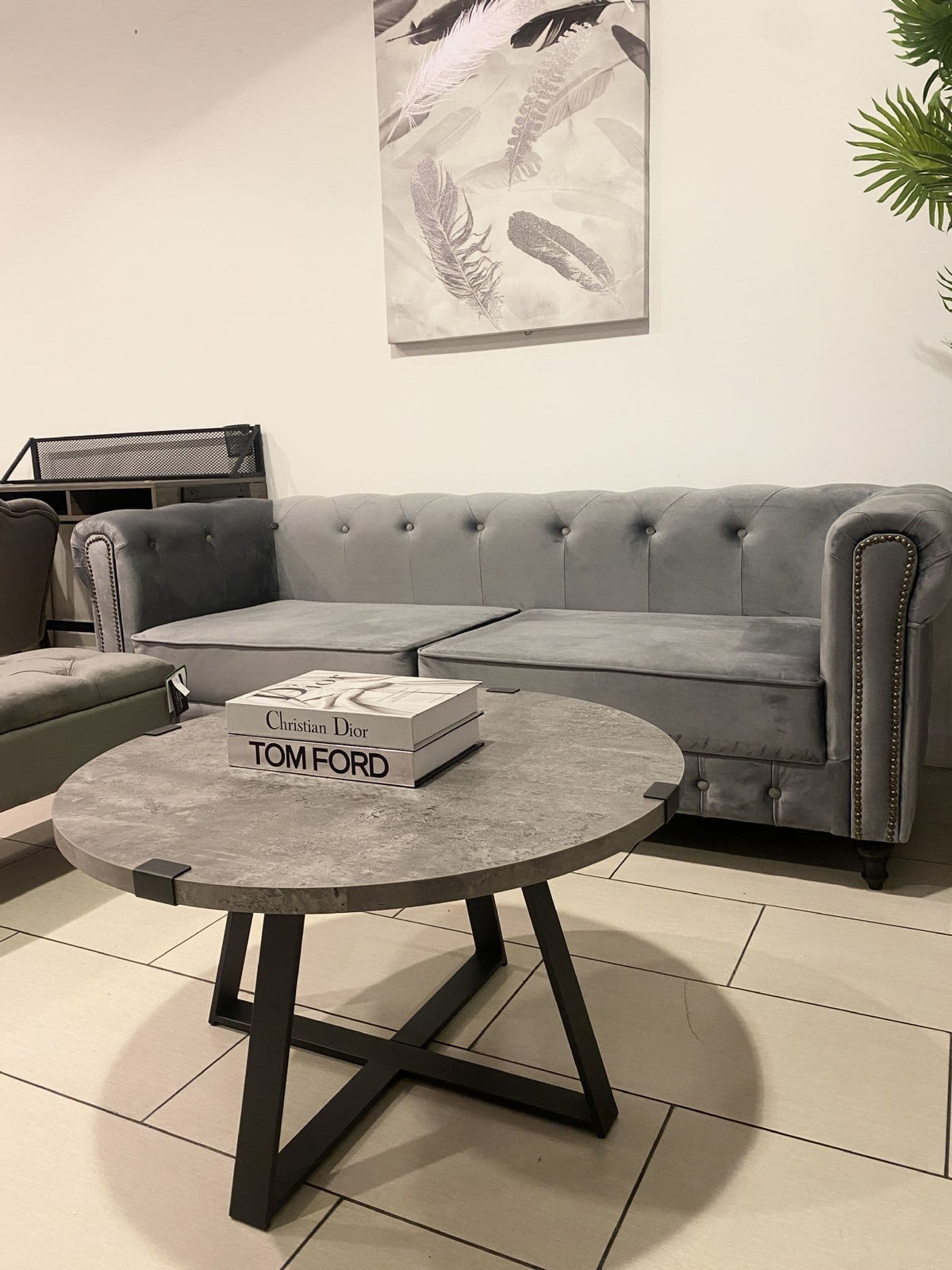 [EKM-AUTOGENERATED]Grey Slate Effect Round Coffee Table With Black Frame