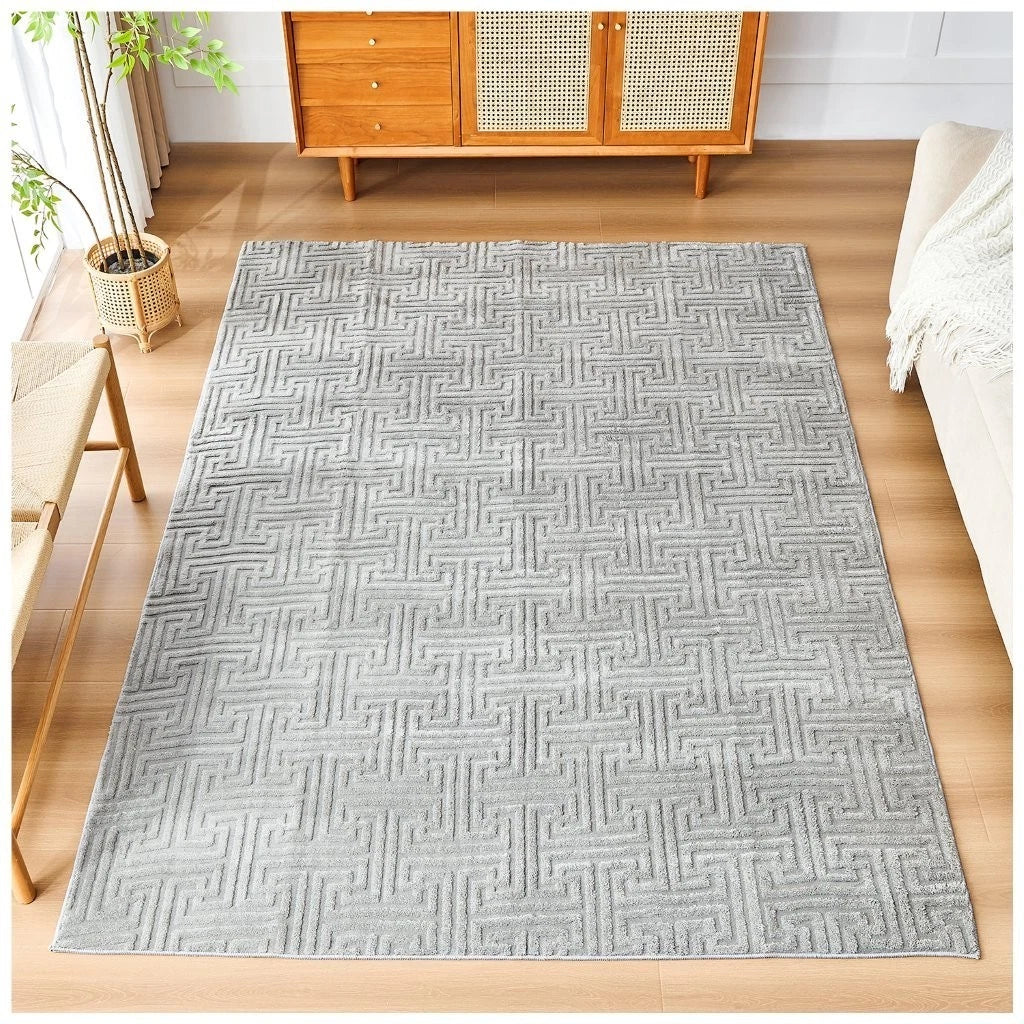 Greek Style Grey Rug 160x230cm | Washable Anti-Slip Living Room Carpet