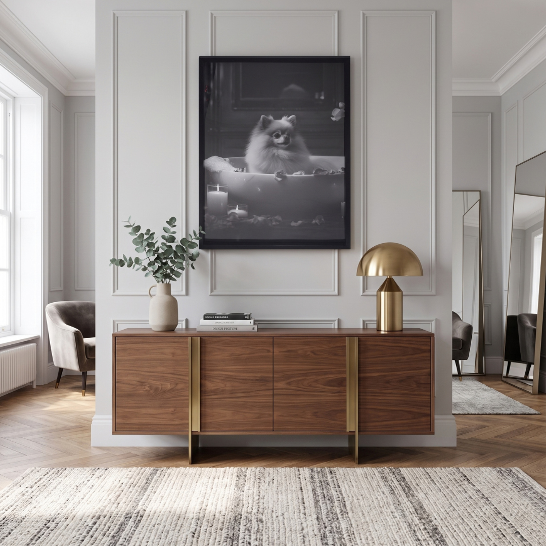 Home Luxe Pomeranian In Bath Framed Wall Art Black & White Print 60X45