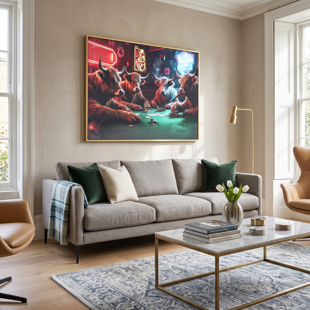 Home Luxe Highland Cows Poker Wall Art 50x70cm Fun Framed Cow Pictures