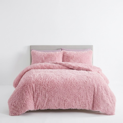 Pink Cuddly Faux Fur Long Pile Duvet Set Luxury Fluffy Fleece Bedding
