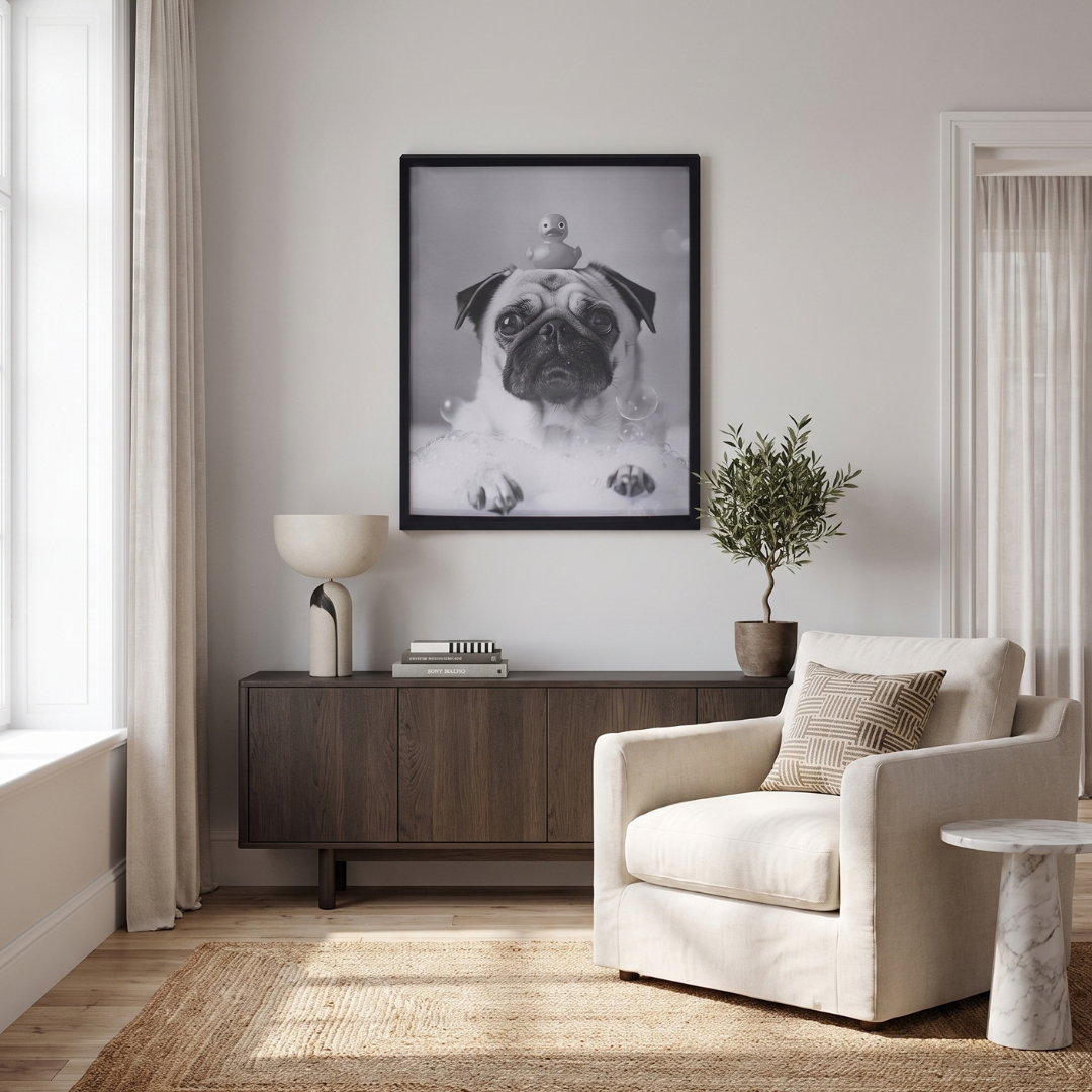 Home Luxe Pug In Bath Foam Framed Wall Art Black & White Print 60X45Cm