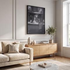 Home Luxe Bulldog In Bath Framed Wall Art Black & White Print 60X45Cm