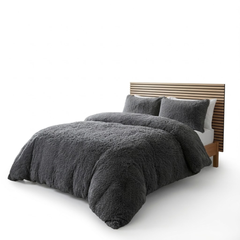 Charcoal Faux Fur Long Pile Duvet Set Warm Plush Shaggy Fleece Bedding