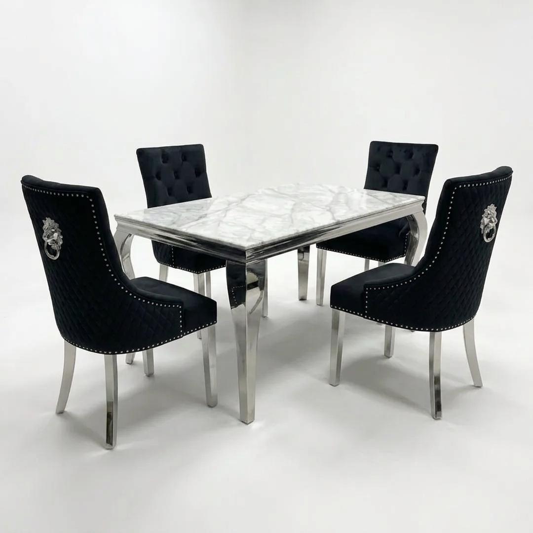 1.2m Grey Marble Dining Table with 4 Vienna Black Silver Chairs UK