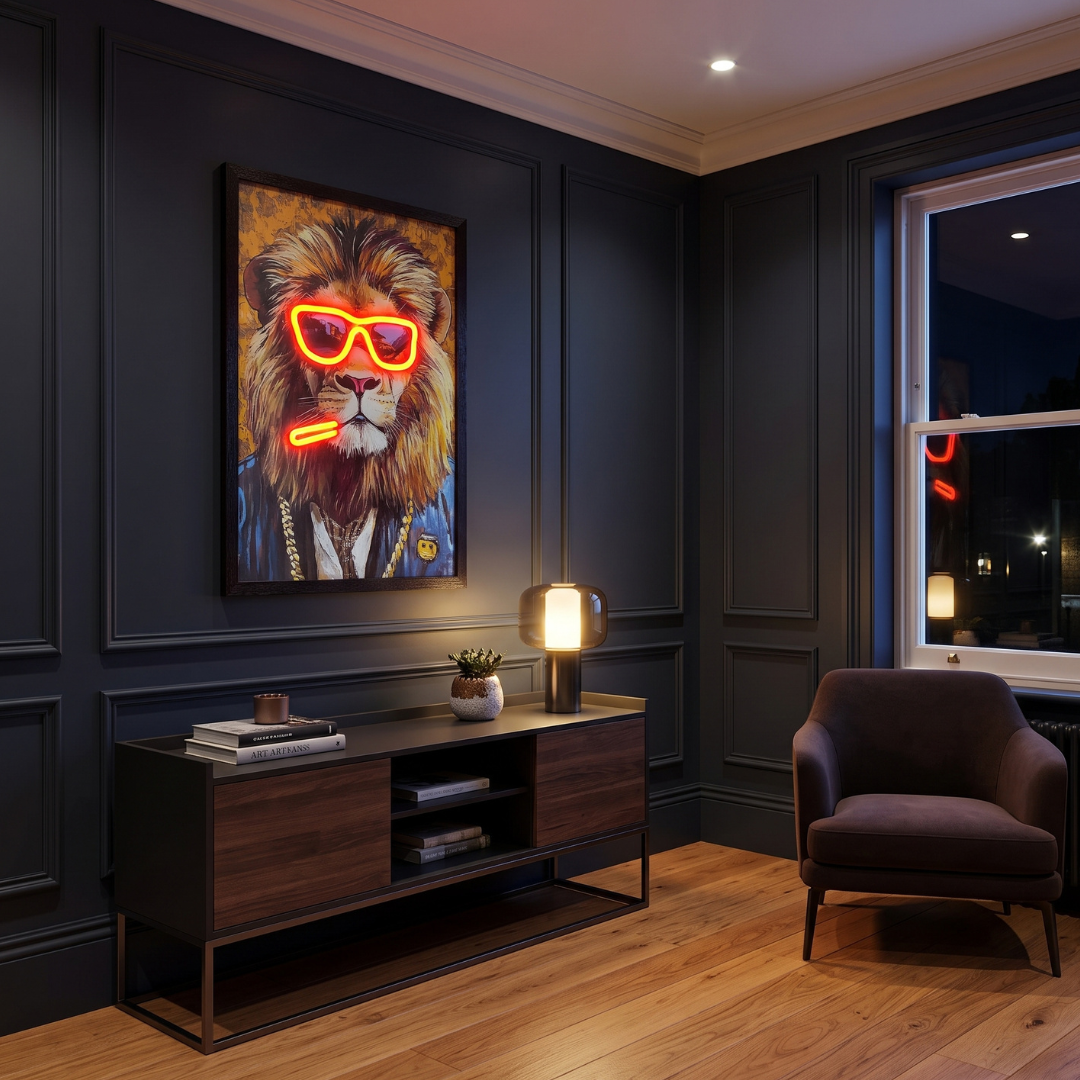 Framed Cool Lion LED Neon Light Canvas Wall Art Home Decor - 40x60cm
