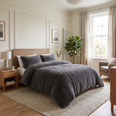 Charcoal Faux Fur Long Pile Duvet Set Warm Plush Shaggy Fleece Bedding