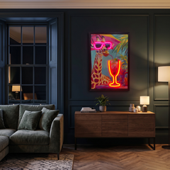 Framed Giraffe Cocktail LED Neon Light Canvas Wall Art Decor - 40x60cm