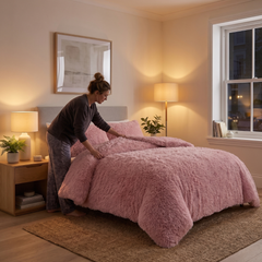 Pink Cuddly Faux Fur Long Pile Duvet Set Luxury Fluffy Fleece Bedding