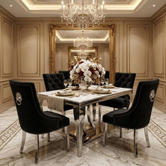 1.2m Grey Marble Dining Table with 4 Vienna Black Silver Chairs UK
