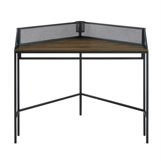 [EKM-AUTOGENERATED]Industrial Metal and Wood Corner Writing Desk - Dark Walnut