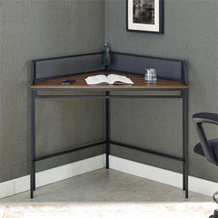 Industrial Metal and Wood Corner Writing Desk - Dark Walnut