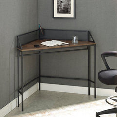 Industrial Metal and Wood Corner Writing Desk - Dark Walnut