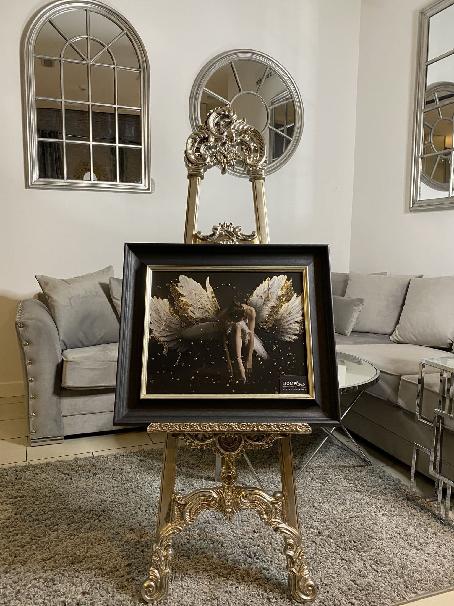[EKM-AUTOGENERATED]Kneeling Angel Wings Golden Wall Art Alpha Black Frame 55Cm X 65Cm