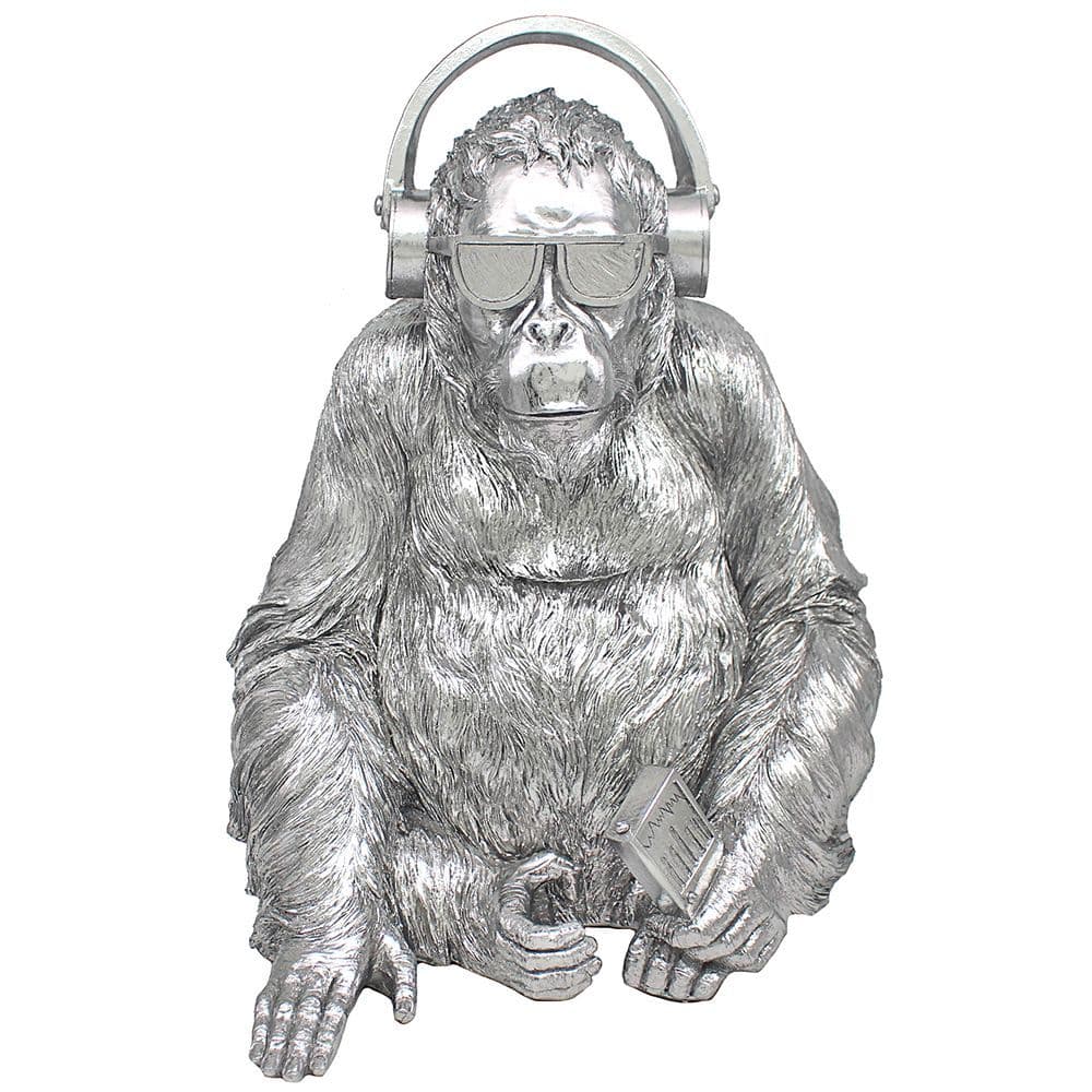 [EKM-AUTOGENERATED]Large Silver Art Gorilla Headphones Statue