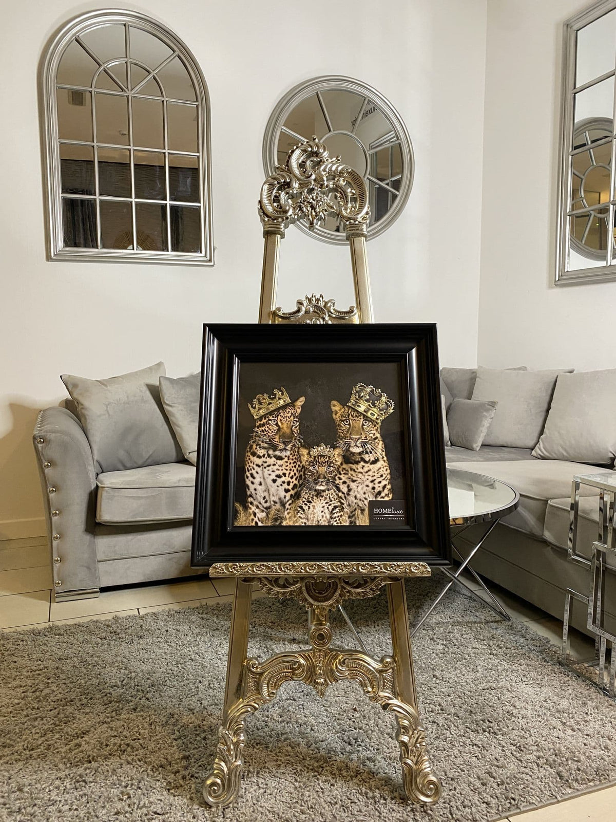 [EKM-AUTOGENERATED]Leopard Family Of 3 With Crowns Wall Art Alpha Black Frame 55Cm X 55Cm