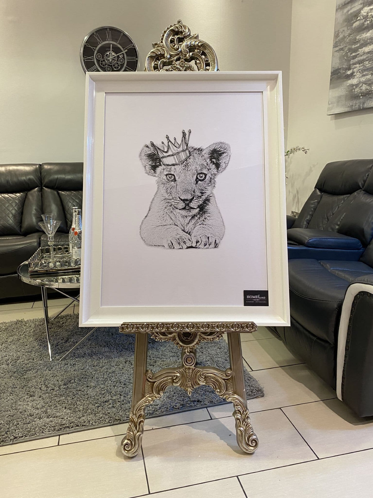 [EKM-AUTOGENERATED]Lion Cub King Crown White Wall Art With White Frame