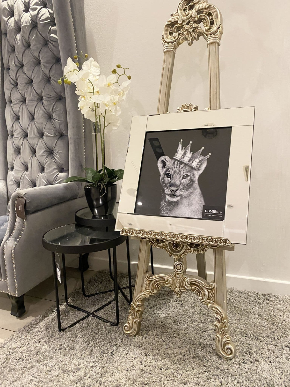 [EKM-AUTOGENERATED]Lion Cub Silver Crown White Wall Art With Mirror Frame