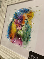 Lion Multicolor Wall Art White Step Frame
