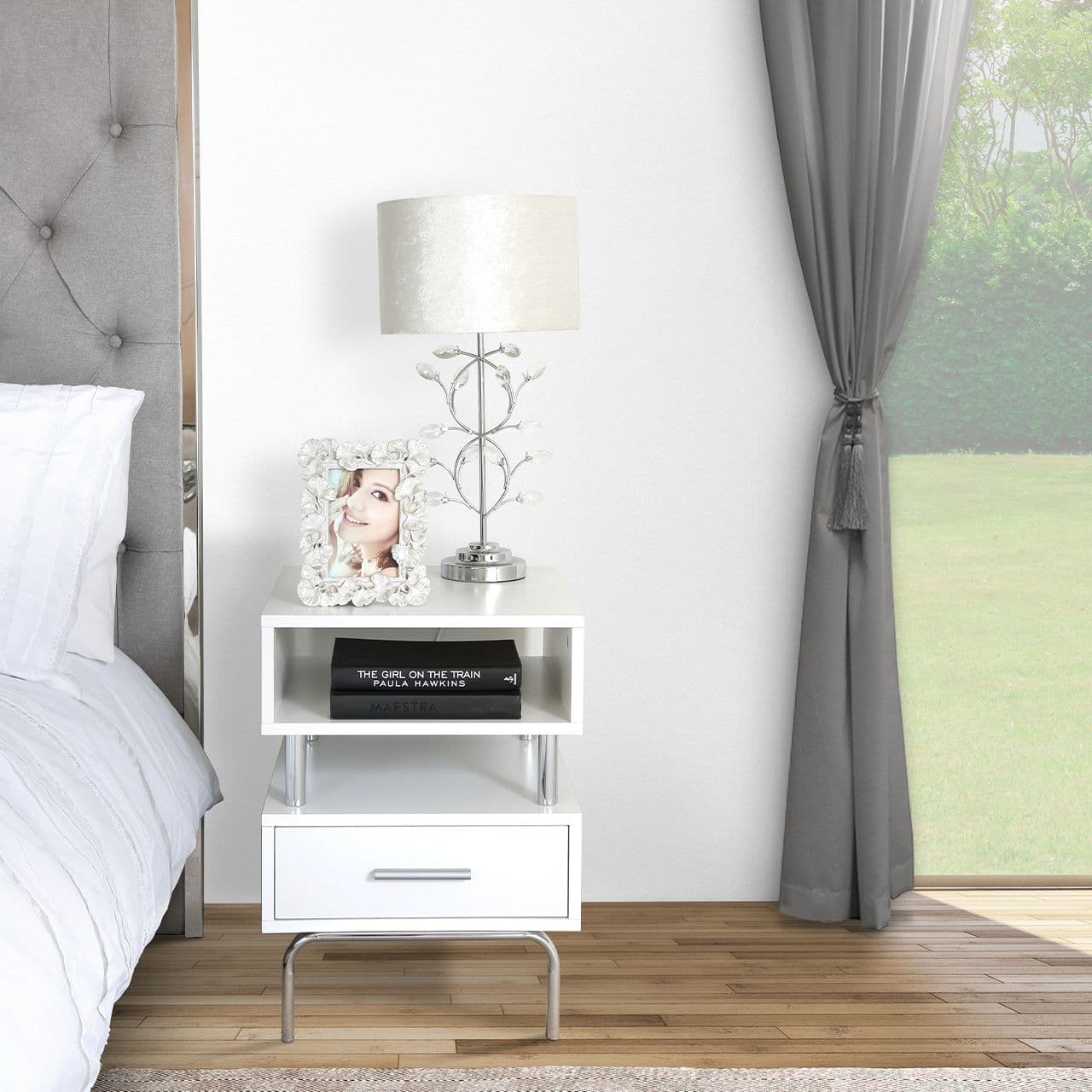 Luxe White and Chrome Victoria 1 Drawer Bedside Cabinet